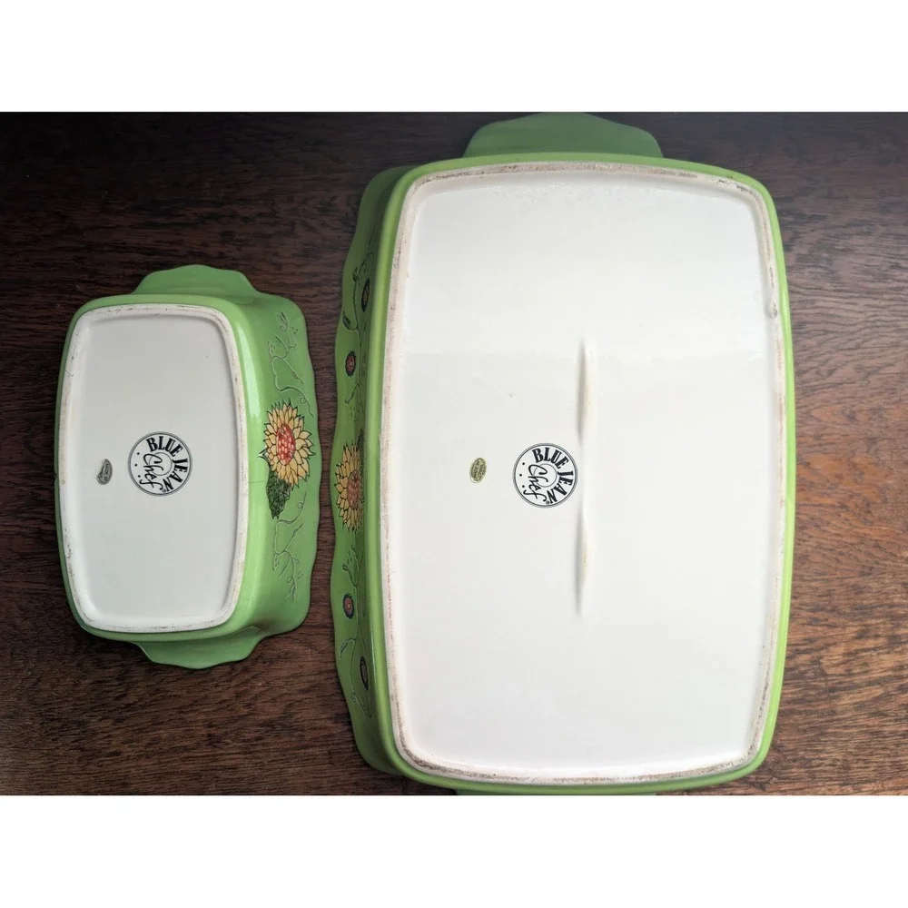 Blue Jean Chef Sunflower Ceramic Baker Set 2pc Green Floral Lasagna Casserole